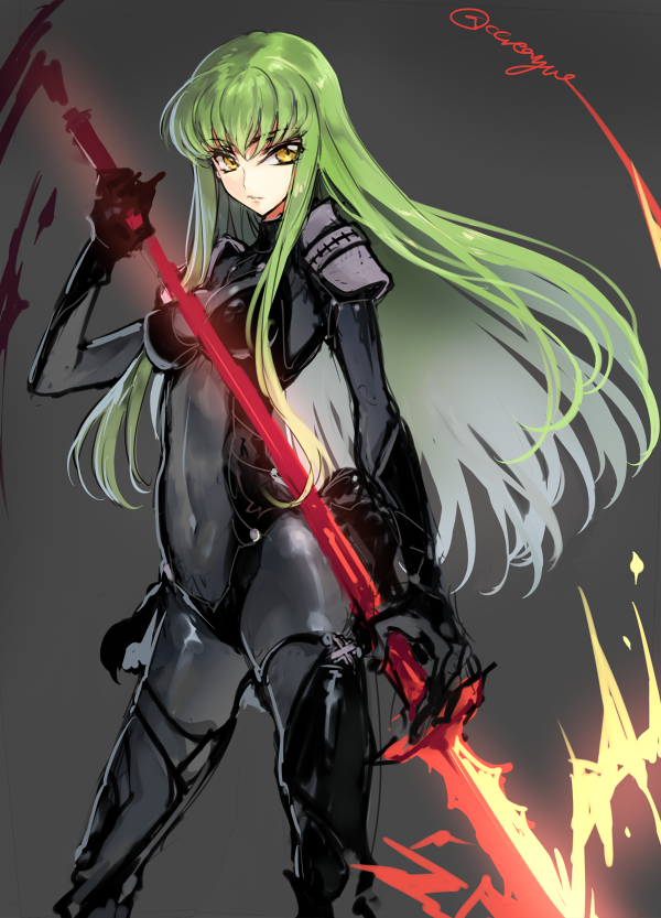 1girl breasts c.c. cleavage code_geass covered_navel creayus fate/grand_order fate_(series) green_hair holding_weapon lance lancer_(fate/grand_order) lancer_(fate/grand_order)_(cosplay) long_hair looking_at_viewer polearm solo weapon yellow_eyes