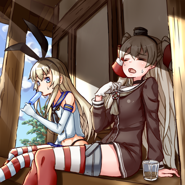 2girls amatsukaze_(kantai_collection) arm_support black_panties blonde_hair blue_eyes eating elbow_gloves gloves hair_ribbon hair_tubes hairband hat hot kantai_collection midriff mismatched_gloves multiple_girls navel panties pensuke popsicle ribbon shimakaze_(kantai_collection) silver_hair sitting striped striped_legwear sweat thigh-highs twintails underwear