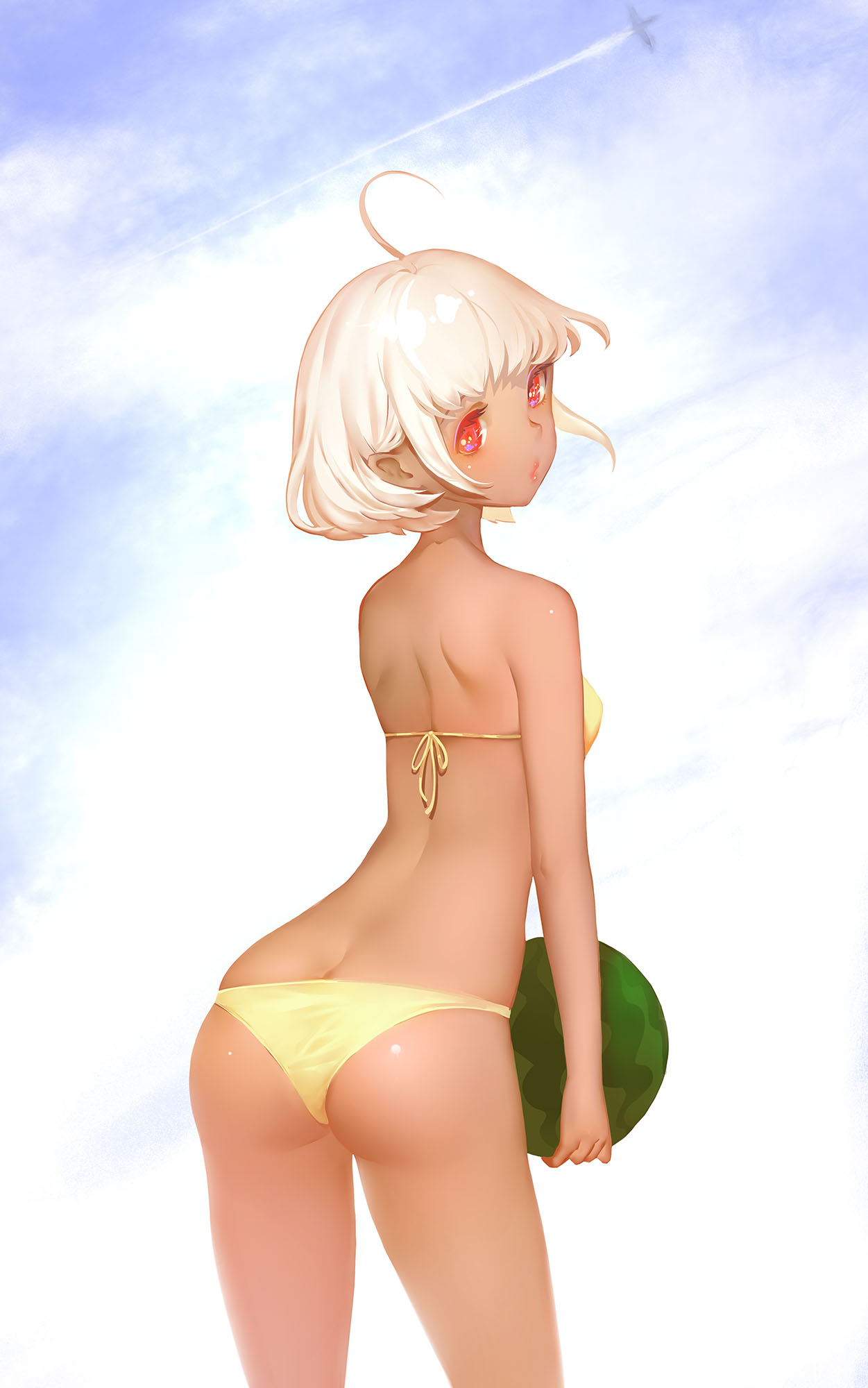 ahoge airplane ass bikini butt_crack dark_skin food from_behind fruit highres looking_back original orry red_eyes shiny shiny_skin short_hair small_breasts swimsuit tan watermelon white_hair