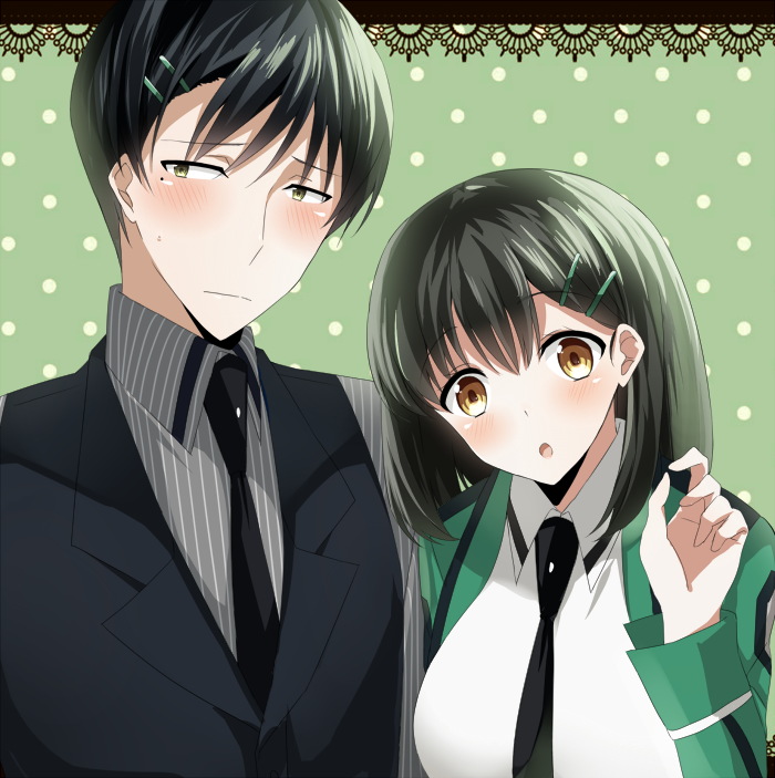 1boy 1girl amber_eyes blush crop_top green_eyes hair_between_eyes hair_ornament hairclip mahouka_koukou_no_rettousei necktie open_mouth school_uniform shibata_mizuki short_hair vest yuino_(yuina0310)