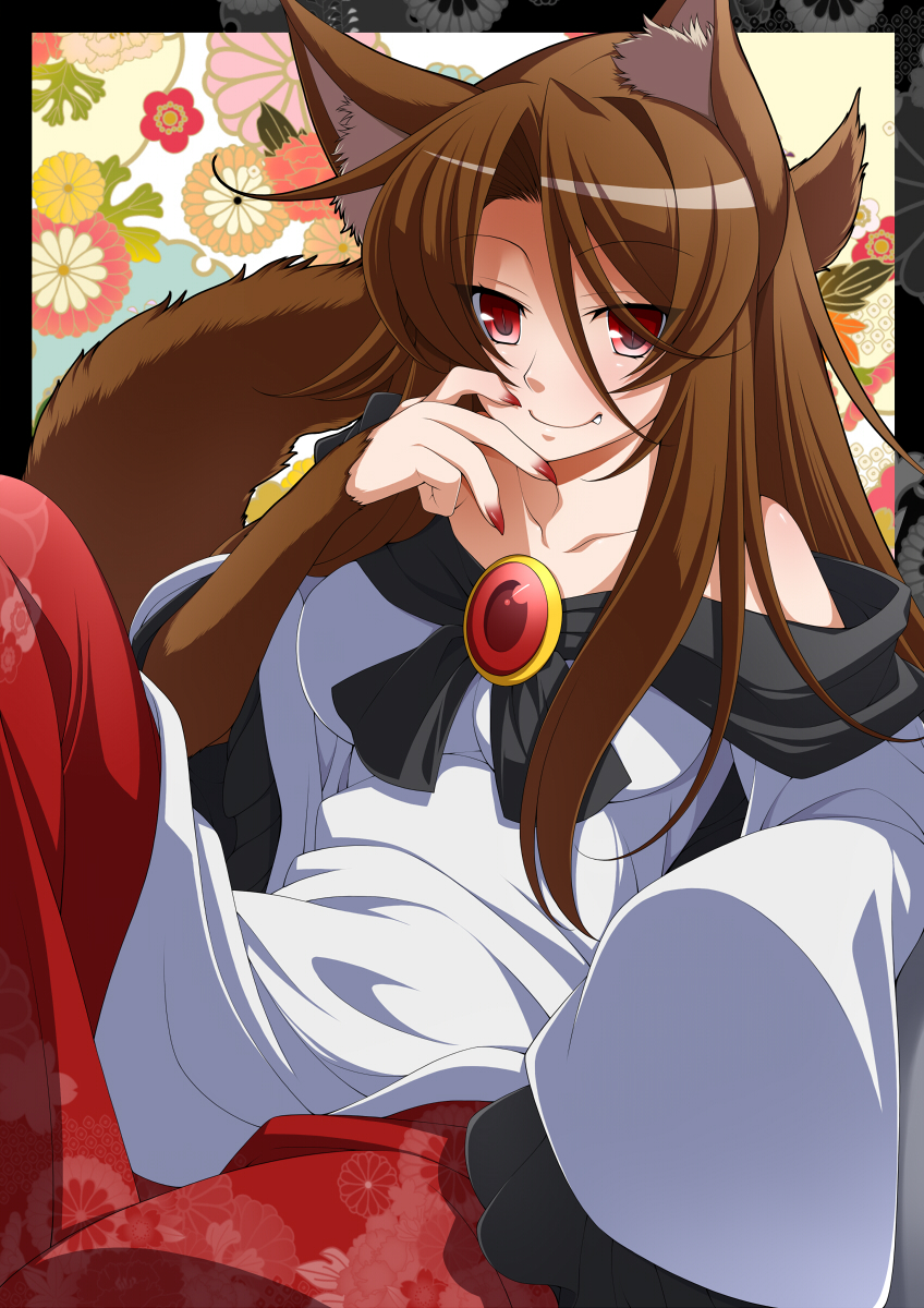 1girl animal_ears bare_shoulders brooch brown_hair collarbone eichi_yuu fang floral_print flower frame furry highres imaizumi_kagerou jewelry long_hair long_sleeves red_eyes shirt sitting skirt smile solo tail touhou werewolf wide_sleeves wolf_ears wolf_tail
