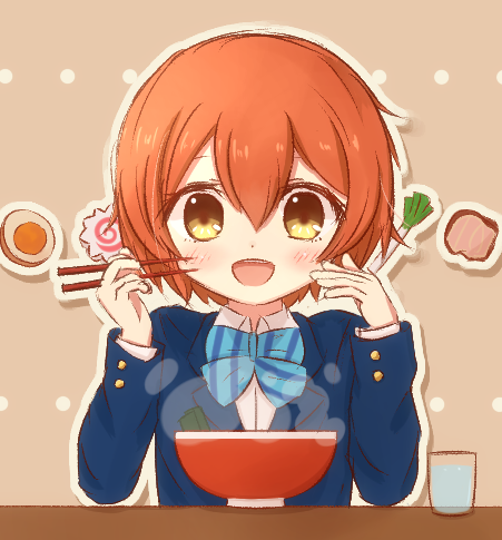 1girl :d blush bowl chopsticks drinking_glass egg food hoshizora_rin kamaboko love_live!_school_idol_project lowres meat narutomaki open_mouth orange_hair p-man-p-man school_uniform short_hair smile solo spring_onion steam yellow_eyes