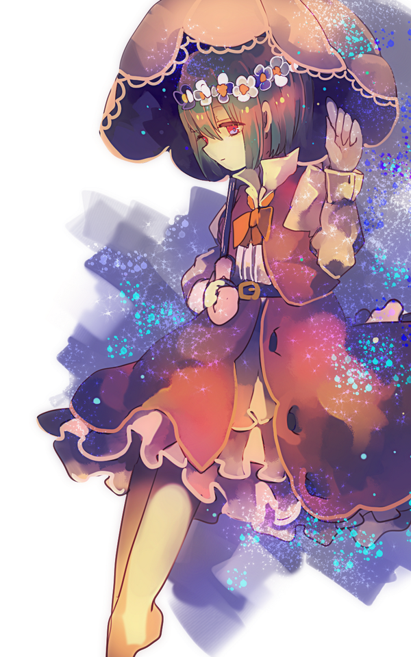 1girl barefoot bowtie cha_goma character_request dress flower flower_on_head flower_wreath frilled_dress frills holding_umbrella looking_to_the_side raised_hand red_eyes solo vest