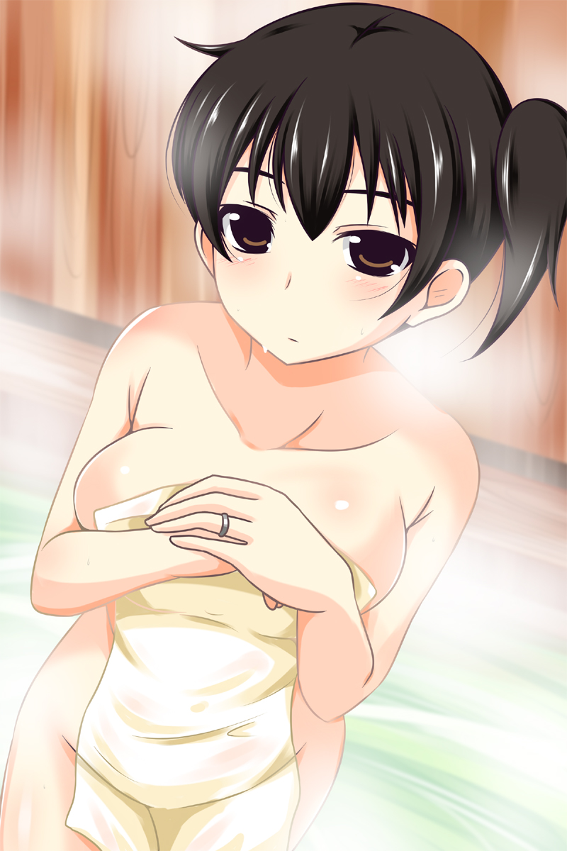 1girl breasts brown_eyes brown_hair commentary covering_chest highres jewelry kaga_(kantai_collection) kantai_collection large_breasts looking_at_viewer naked_towel nishi_koutarou onsen ring side_ponytail solo steam towel