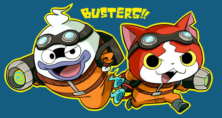 cat ghost ghostbusters goggles goggles_on_head jibanyan multiple_tails no_humans notched_ear open_mouth parody purple_lips sakiko_(gekiama) simple_background tail two_tails whisper_(youkai_watch) youkai youkai_watch youkai_watch_busters