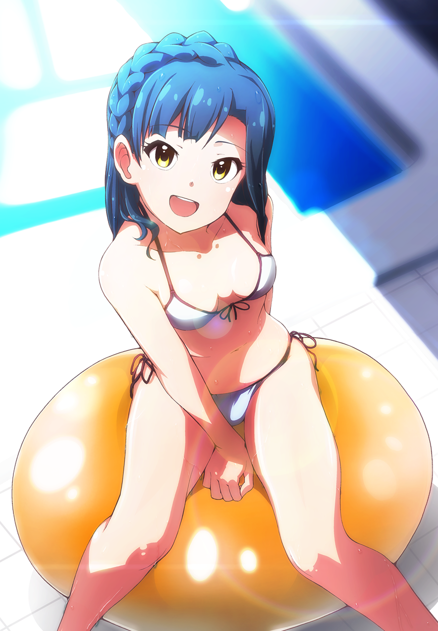 1girl :d ball between_thighs bikini blue_hair blurry braid dated depth_of_field exercise_ball french_braid from_above front-tie_top highres idolmaster idolmaster_million_live! kabayaki_unagi lens_flare looking_at_viewer looking_up nanao_yuriko navel open_mouth side-tie_bikini sitting small_breasts smile solo string_bikini sweat swimsuit twitter_username white_bikini white_swimsuit yellow_eyes