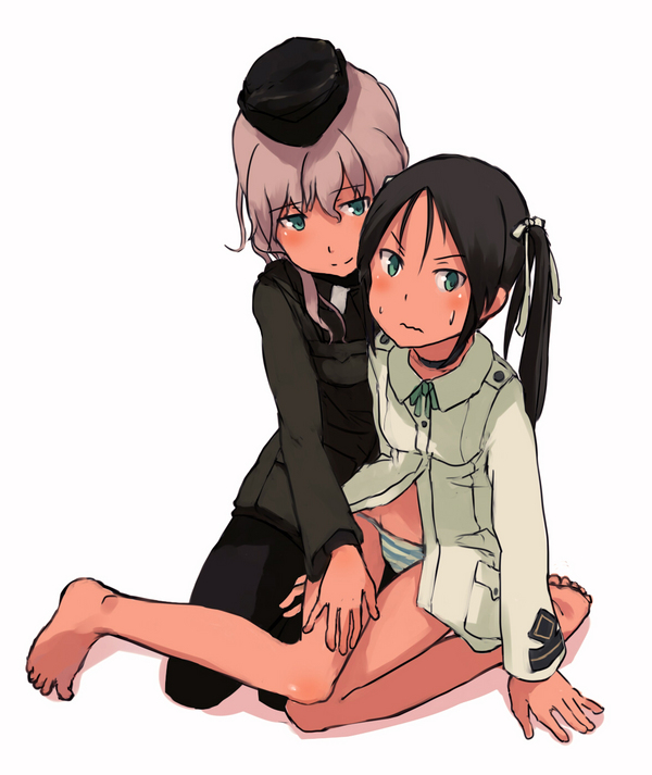 2girls aqua_eyes black_hair blush choker feet francesca_lucchini giuseppina_ciuinni grey_hair hair_ribbon hat long_hair military military_uniform multiple_girls navel panties pantyhose ribbon shibafu_(glock23) simple_background strike_witches striped striped_panties sweat toes underwear uniform wavy_mouth white_background