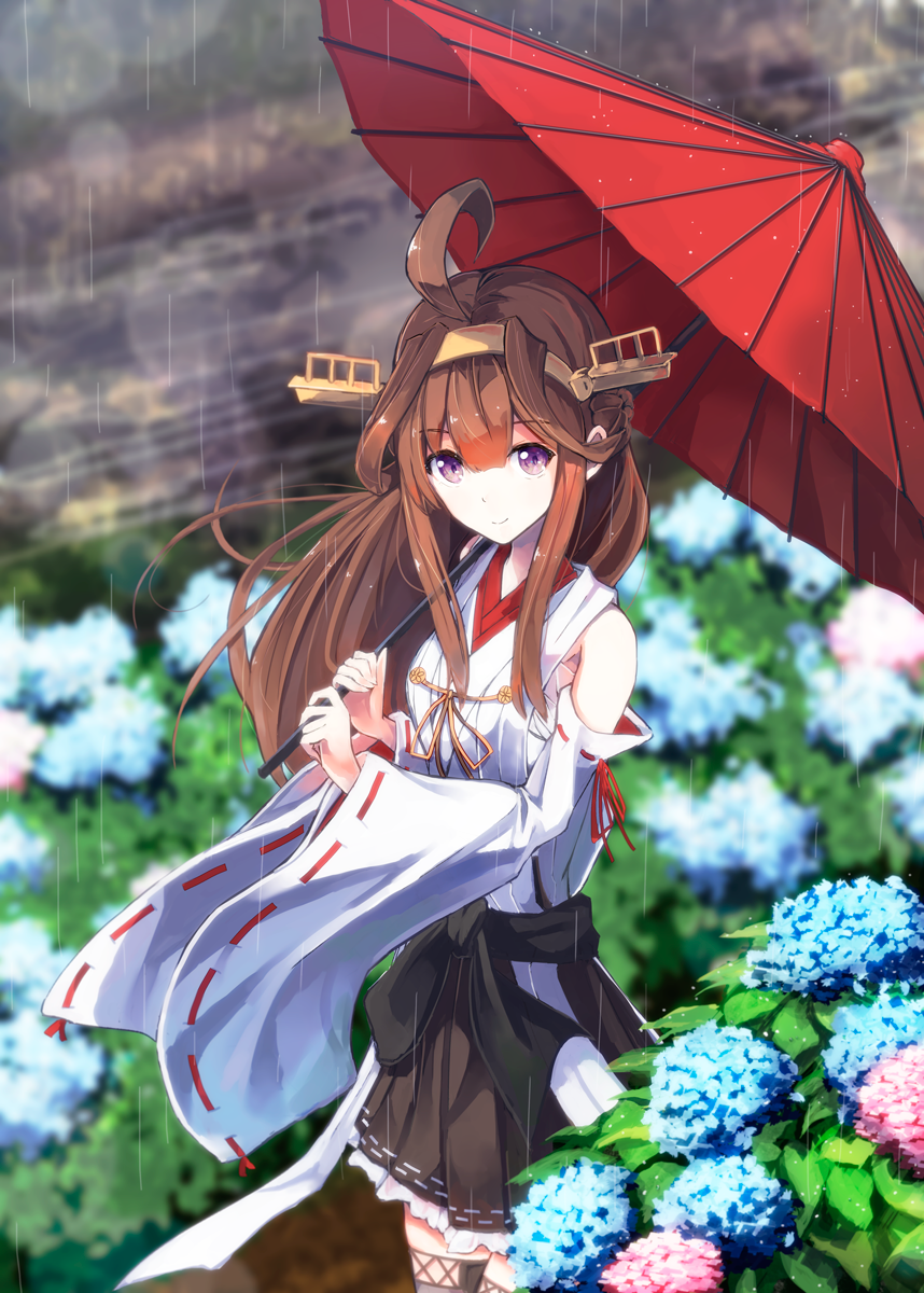 1girl ahoge bare_shoulders blush boots brown_hair detached_sleeves double_bun flower hairband headgear highres japanese_clothes kantai_collection kongou_(kantai_collection) konkito long_hair looking_at_viewer nontraditional_miko oriental_umbrella skirt smile solo thigh-highs thigh_boots umbrella violet_eyes wide_sleeves