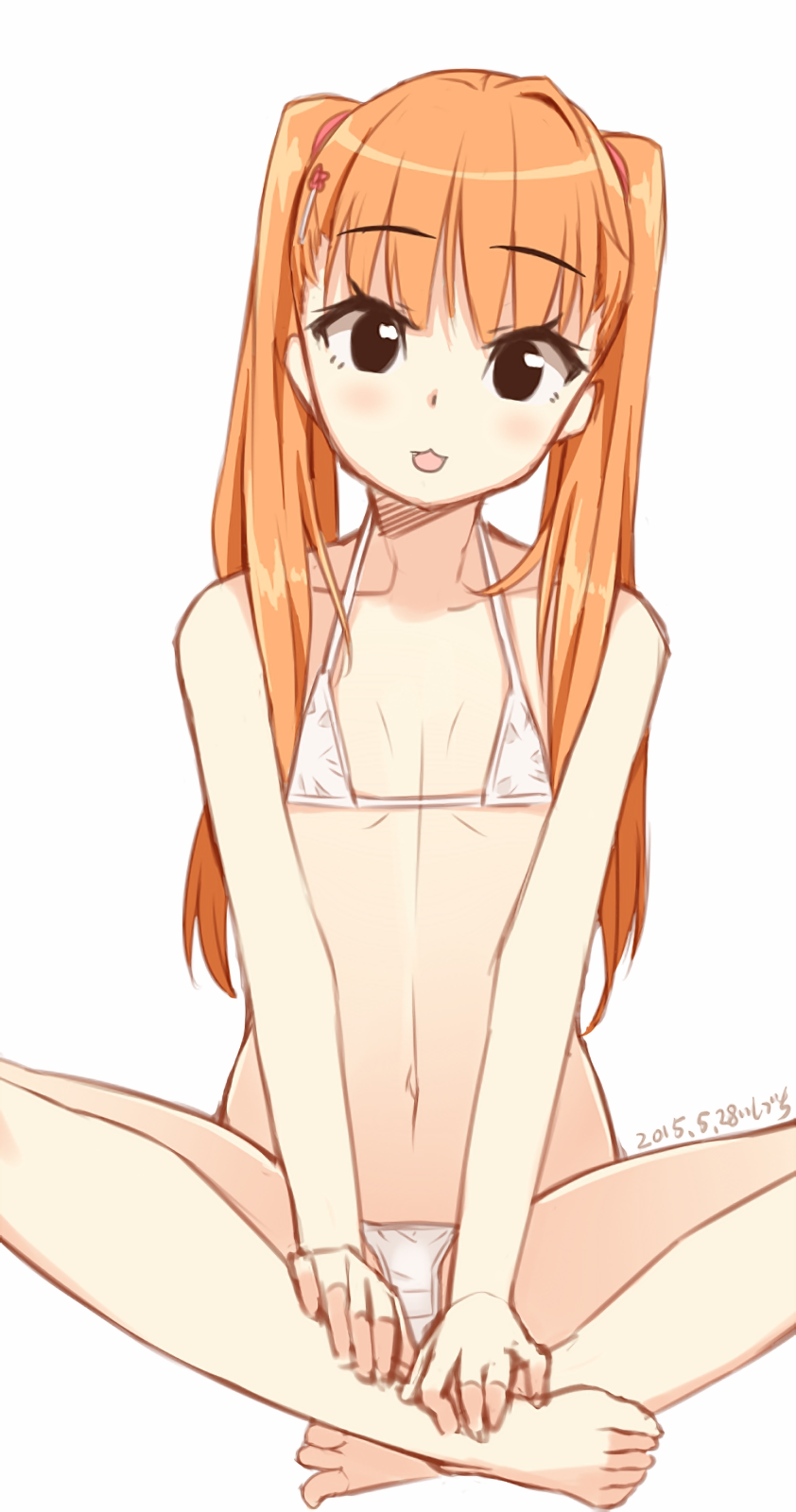 1girl :d bikini crossed_legs dated flat_chest gin_(ginshari) hair_ornament hairclip highres looking_at_viewer navel open_mouth orange_hair original simple_background sitting smile solo swimsuit twintails white_background white_bikini white_swimsuit