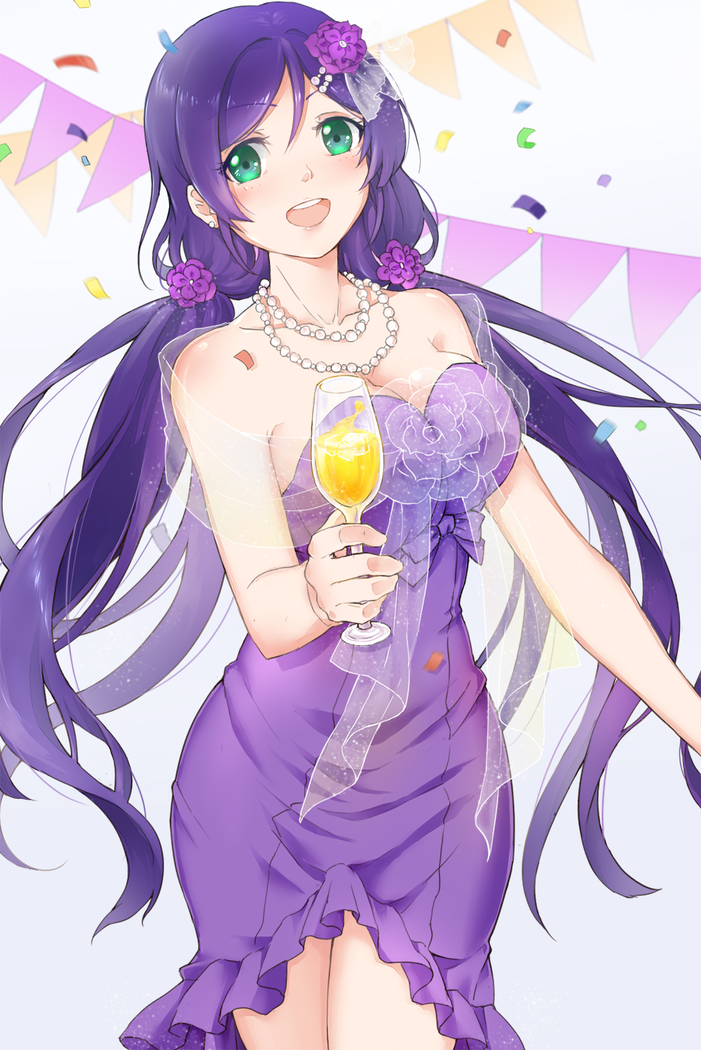 beverage dress green_eyes jewelry long_hair love_live!_school_idol_project low_twintails toujou_nozomi twintails violet_hair