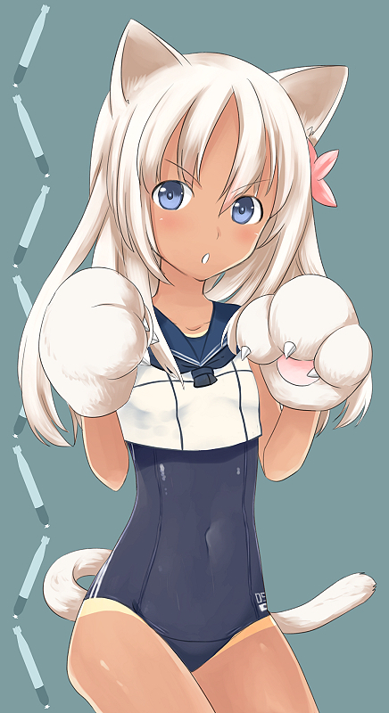 &gt;:o 1girl :o animal_ears blonde_hair blue_eyes cat_ears cat_tail covered_navel gloves grey_background kantai_collection long_hair one-piece_tan paw_gloves ro-500_(kantai_collection) school_swimsuit swimsuit swimsuit_under_clothes tail tan tanline torpedo ude