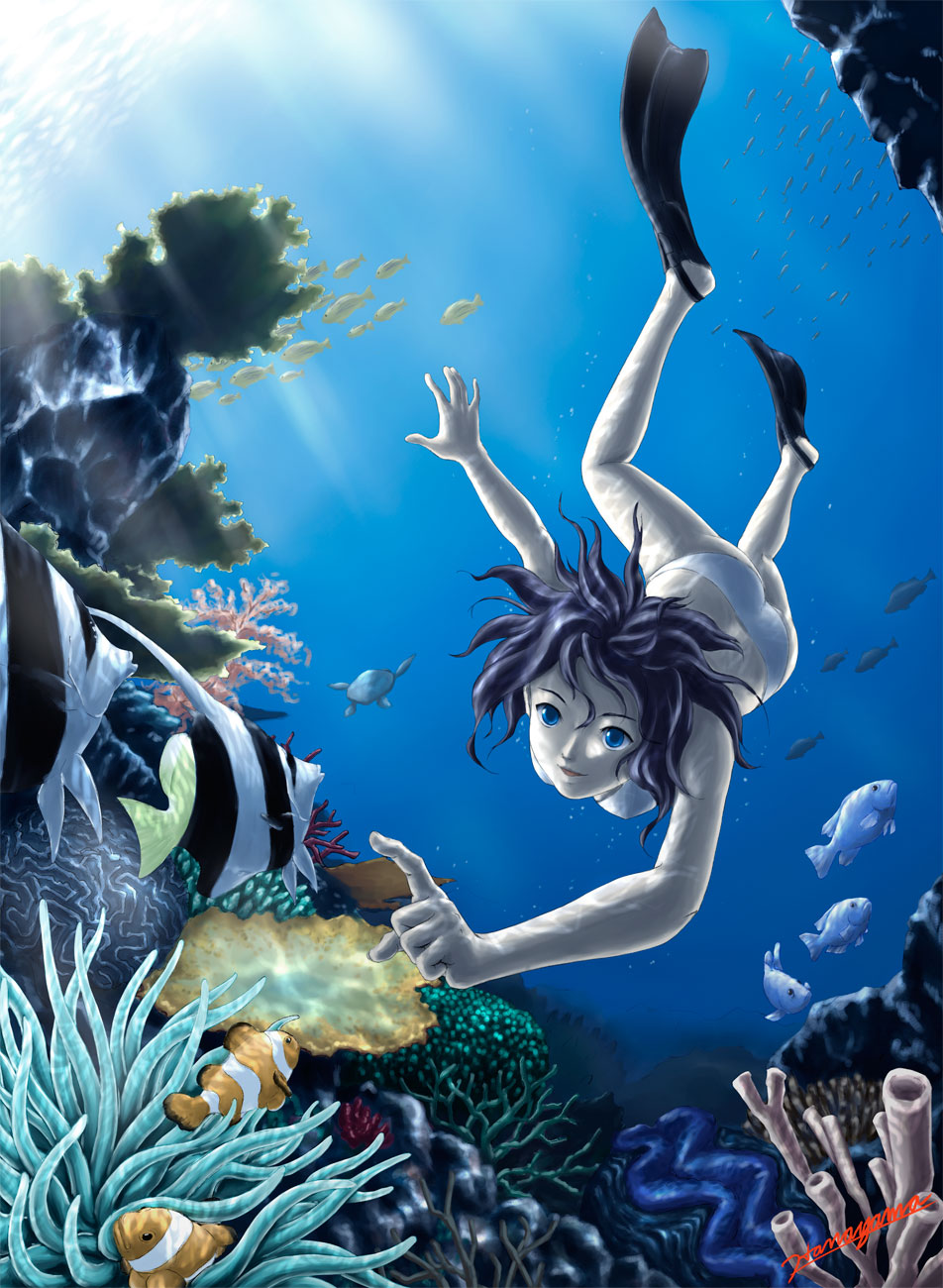 bikini blue_eyes coral diving fish flippers freediving hanayama_tooru highres holding_breath ocean smile swimming swimsuit underwater white_bikini white_swimsuit
