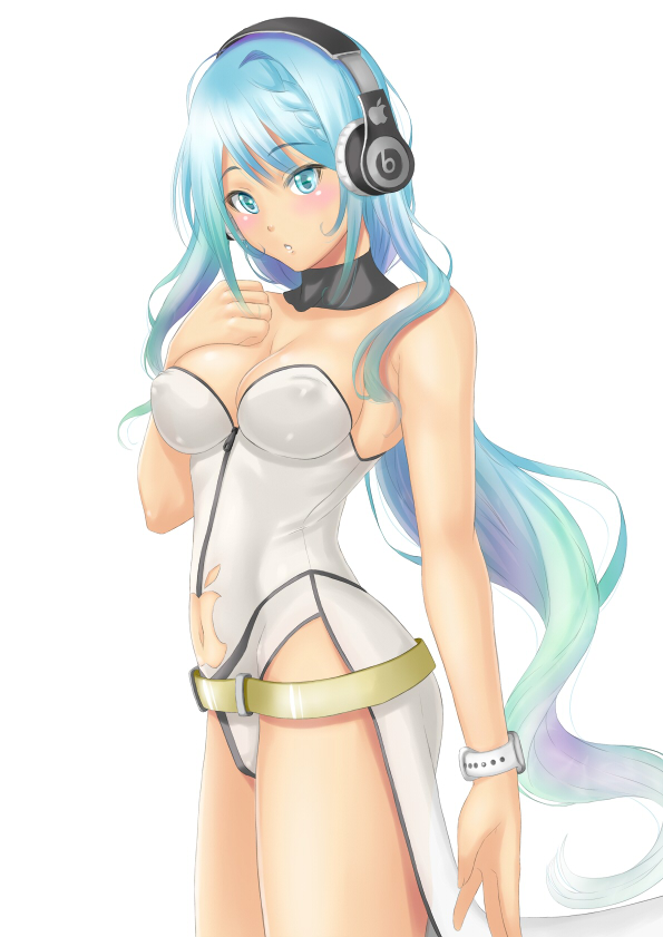 1girl apple_inc. aqua_eyes aqua_hair belt blush breasts cleavage headphones long_hair muffin_(sirumeria) navel os-tan osx solo very_long_hair