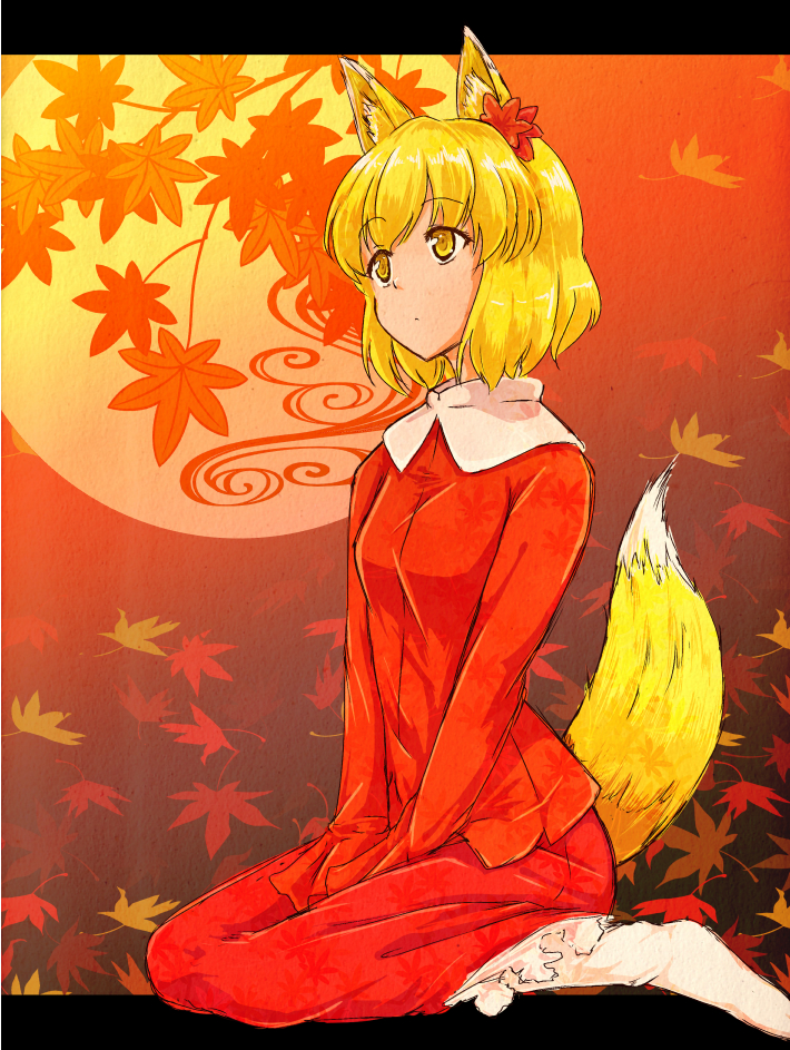 1girl aki_shizuha animal_ears autumn_leaves fox_ears fox_tail full_moon hair_ornament hazuki_kyou moon seiza short_hair sitting solo tail touhou