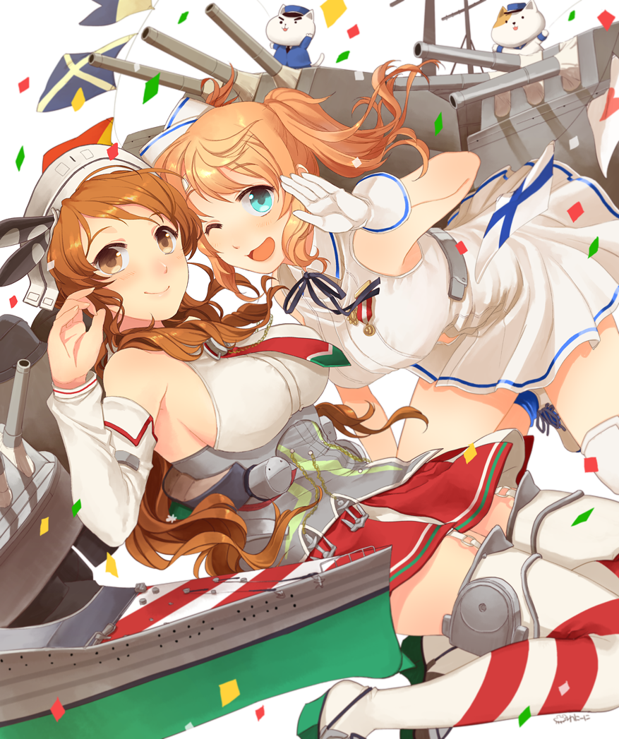 2girls aqua_eyes bare_shoulders breasts brown_eyes brown_hair character_request detached_sleeves finland gloves kantai_collection large_breasts littorio_(kantai_collection) long_hair miniskirt multiple_girls necktie one_eye_closed ponytail sideboob skirt smile thigh-highs waniwani
