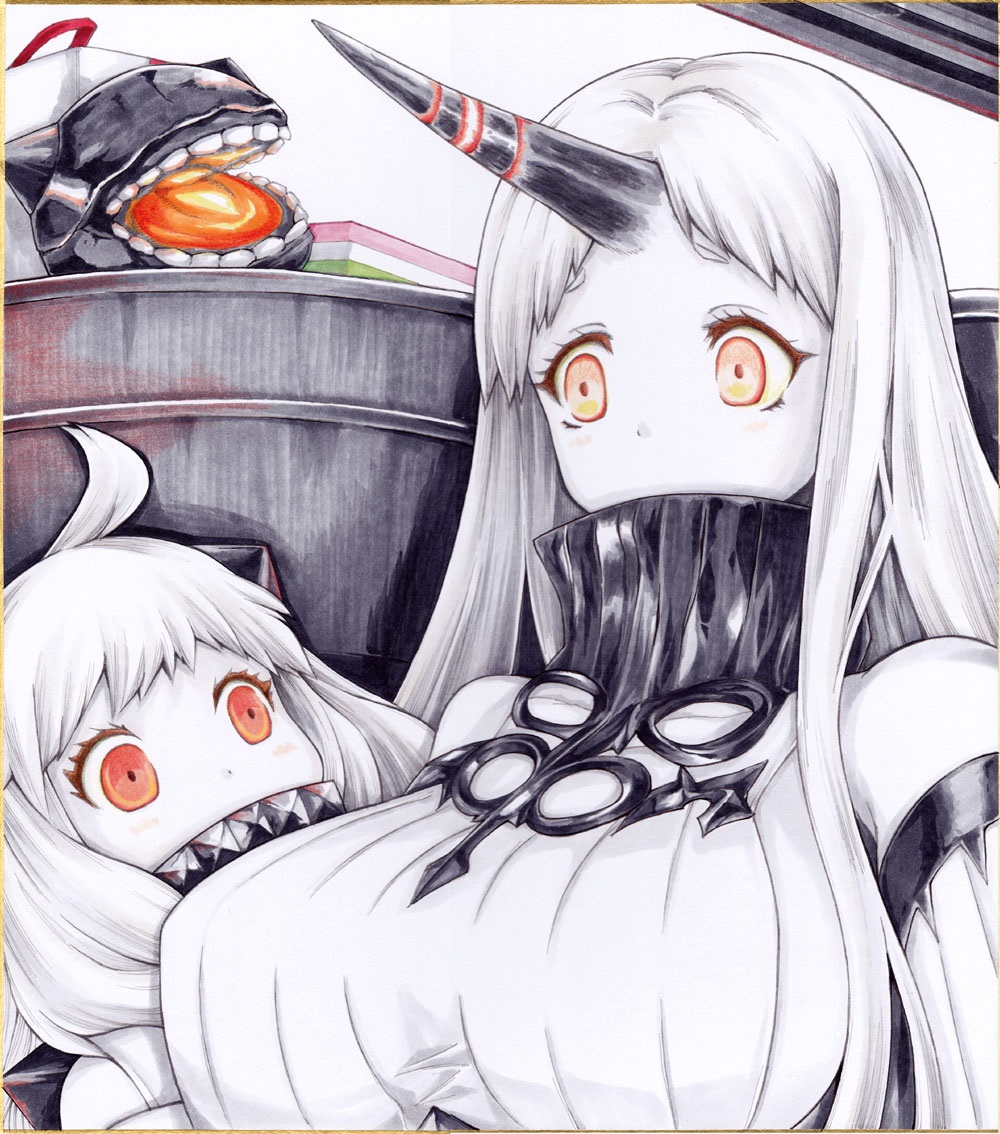 2girls ahoge covered_mouth detached_sleeves hishimochi horn horns iroha_(nullpo) kantai_collection long_hair machinery mittens multiple_girls northern_ocean_hime orange_eyes seaport_hime shinkaisei-kan traditional_media white_hair white_skin