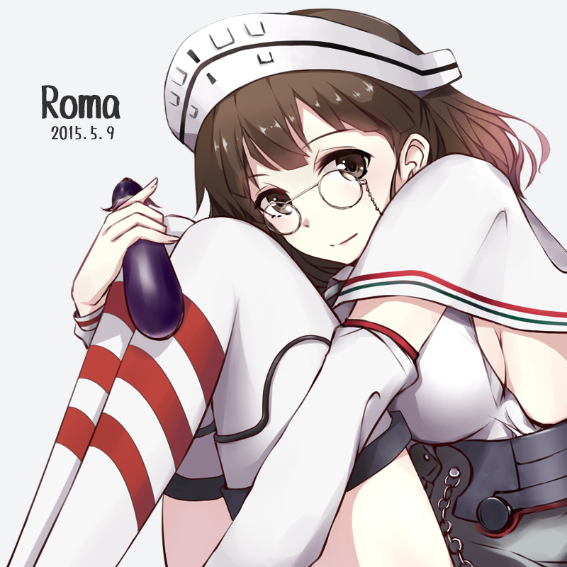 ascot bangs blunt_bangs breasts brown_eyes brown_hair capelet character_name colis_(regunm772) dated detached_sleeves eggplant glasses kantai_collection knees_up legs_together looking_at_viewer pince-nez roma_(kantai_collection) sideboob simple_background striped striped_legwear thigh-highs wavy_hair white_legwear