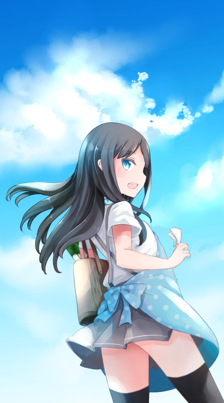 1girl arm_warmers asashio_(kantai_collection) back bag black_hair black_legwear blouse blue_eyes blue_sky clouds comah food groceries grocery_bag highres kantai_collection long_hair note open_mouth pleated_skirt school_uniform shopping_bag skirt sky smile solo spring_onion suspenders thigh-highs