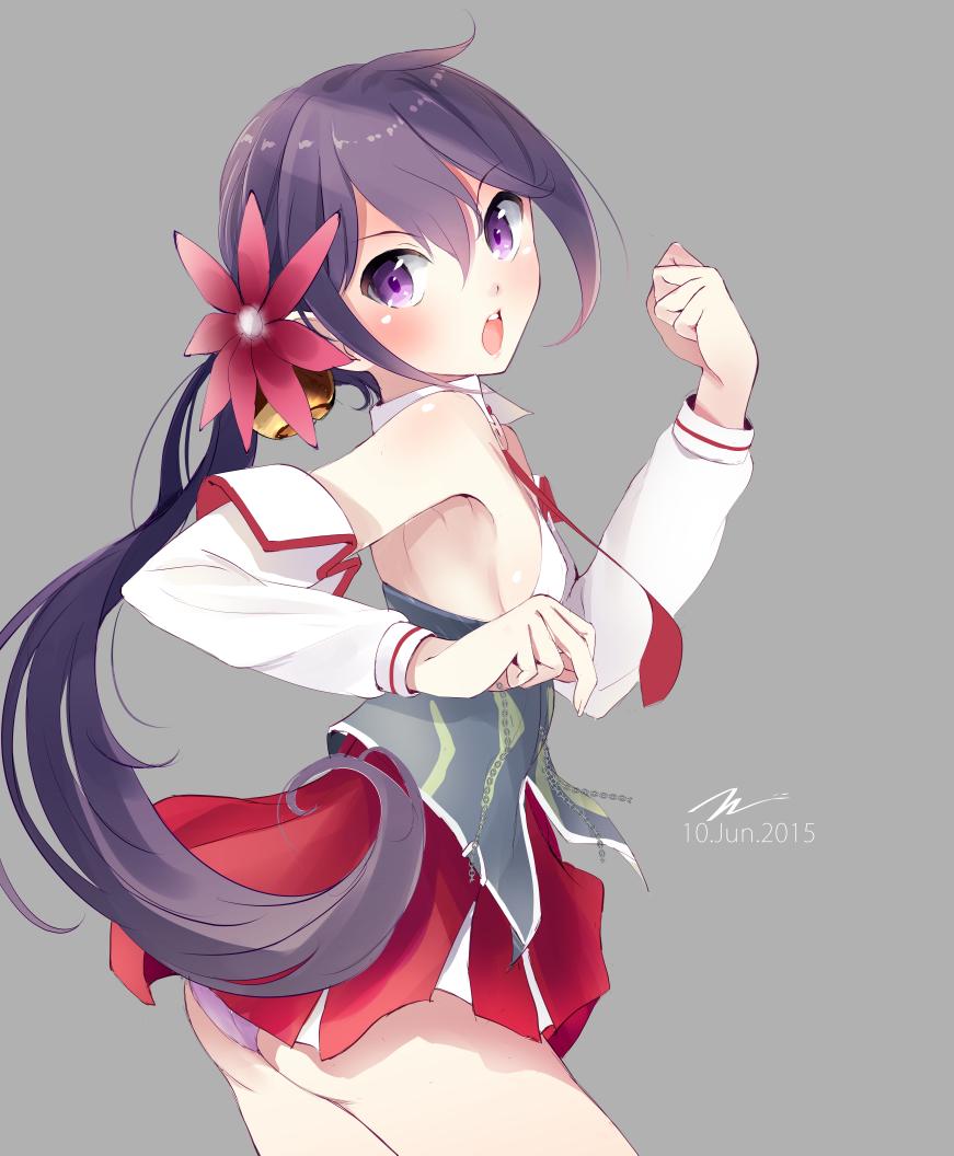 1girl akebono_(kantai_collection) alternate_costume artist_name back bare_back bare_shoulders bell commentary_request corset cosplay dated detached_sleeves dress elbow_gloves flower gloves grey_background hair_bell hair_flower hair_ornament kantai_collection littorio_(kantai_collection) littorio_(kantai_collection)_(cosplay) long_hair looking_at_viewer miniskirt necktie open_mouth panties pink_panties purple_hair side_ponytail signature simple_background skirt solo tbd11 thigh-highs translation_request underwear very_long_hair violet_eyes zettai_ryouiki