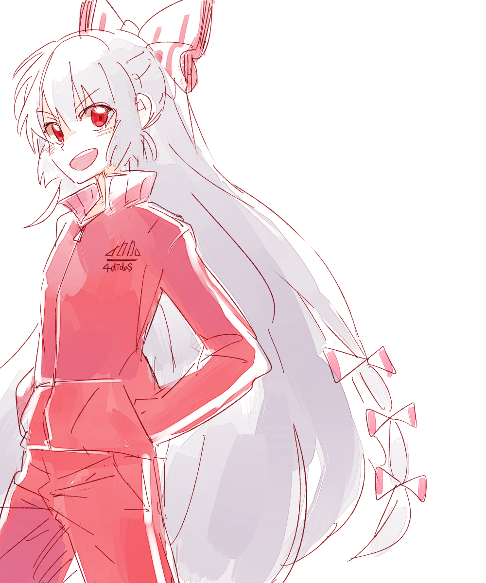 &gt;:d 1girl :d adidas alternate_costume blush bow fujiwara_no_mokou hair_bow highres long_hair looking_at_viewer open_mouth pants red_eyes six_(fnrptal1010) smile solo touhou track_jacket track_pants very_long_hair white_hair