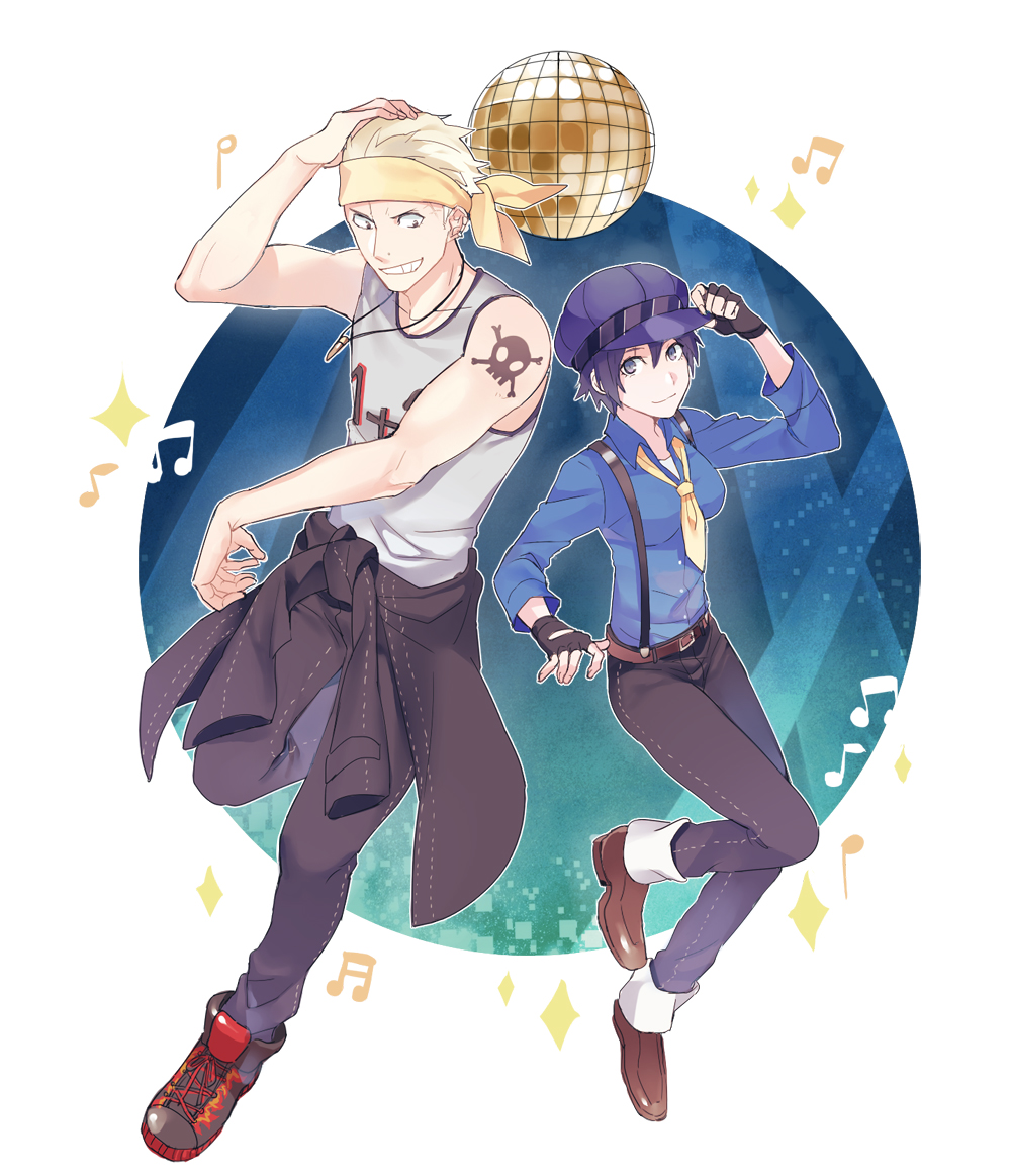 1boy 1girl blonde_hair blue_hair cabbie_hat dancing fingerless_gloves gloves hat headband necktie persona persona_4 school_uniform sen_nai shirogane_naoto short_hair tatsumi_kanji