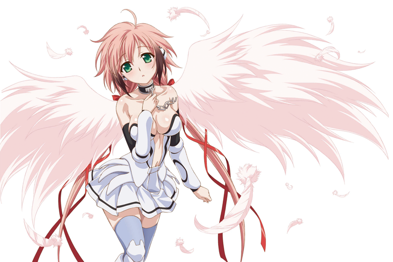 1girl angel_wings blush breasts brown_hair chain cleavage collar collarbone feathers green_eyes hair_ornament hair_ribbon ikaros large_breasts long_hair looking_at_viewer midriff multicolored_hair open_mouth pink_hair ribbon simple_background solo sora_no_otoshimono thigh-highs twintails two-tone_hair watanabe_yoshihiro white_background wings zettai_ryouiki