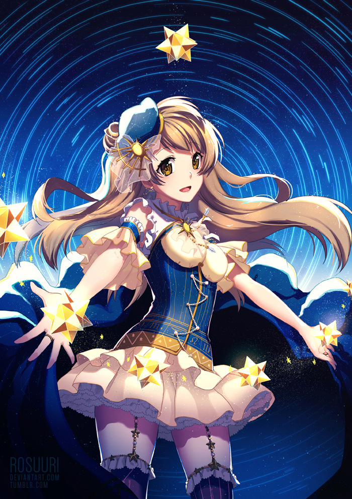 1girl arm_garter blush bow brown_eyes brown_hair cape constellation garter_straps gem hair_bow hat lace-trimmed_skirt long_hair love_live!_school_idol_festival love_live!_school_idol_project minami_kotori night night_sky open_mouth outstretched_arms rosuuri side_ponytail skirt sky smile solo star star_(sky) starry_sky striped striped_legwear tagme thigh-highs vertical-striped_legwear vertical_stripes