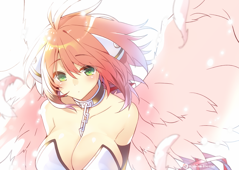 1girl angel_wings blush breasts brown_hair chain cleavage collar collarbone green_eyes hair_ornament hair_ribbon ikaros large_breasts long_hair looking_at_viewer multicolored_hair pink_hair ribbon signature simple_background solo sora_no_otoshimono twintails two-tone_hair white_background wings