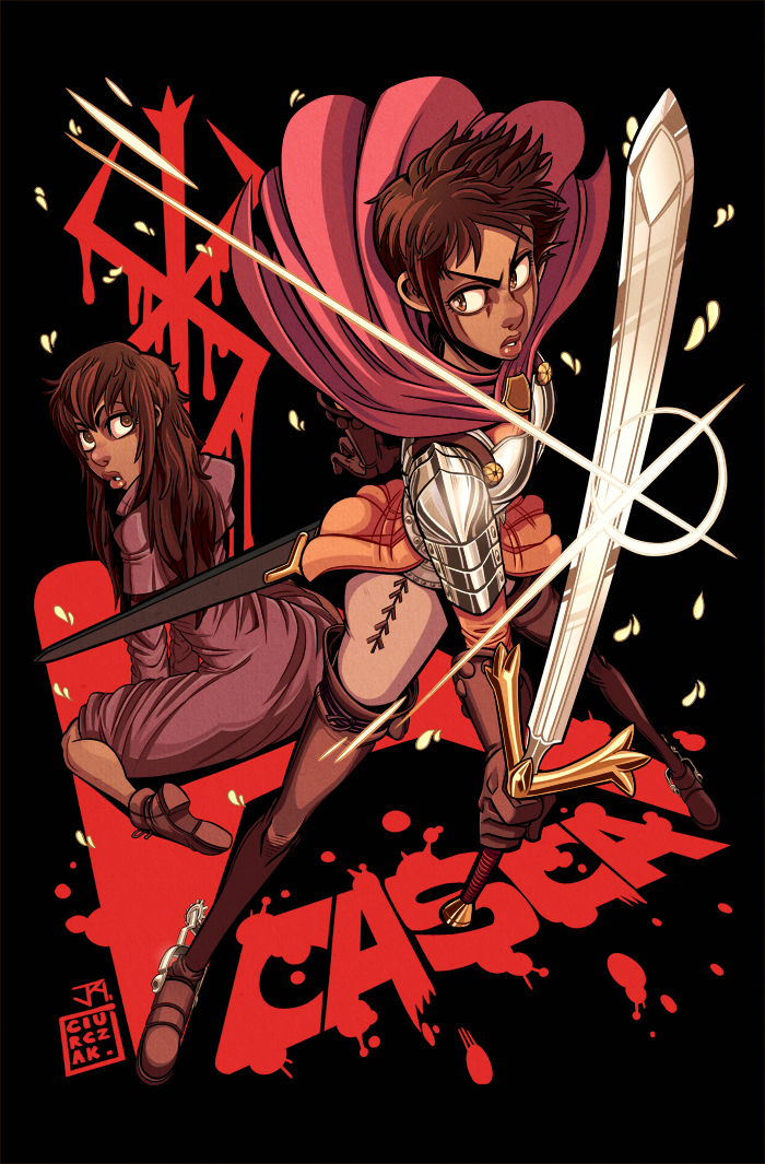 2girls armor back-to-back berserk boots breastplate brown_boots brown_eyes brown_gloves brown_hair cape casca collaboration colored commentary dan_ciurckzak dark_skin dress dual_persona faulds fighting_stance gloves jeiae lips long_hair messy_hair multiple_girls nose pauldrons short_hair sword thigh-highs thigh_boots very_dark_skin weapon