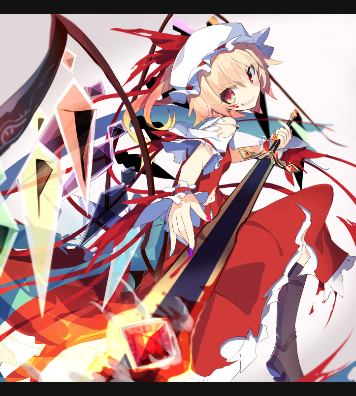 1girl asymmetrical_hair blonde_hair blood blood_on_face boots border crystal flandre_scarlet glowing glowing_eye gradient gradient_background hat hat_ribbon ichiyan long_skirt mob_cap nail_polish open_mouth puffy_sleeves red_eyes ribbon shirt short_sleeves side_ponytail skirt skirt_set smile solo sword torn_clothes torn_shirt torn_skirt torn_sleeves touhou vest weapon wings wrist_cuffs