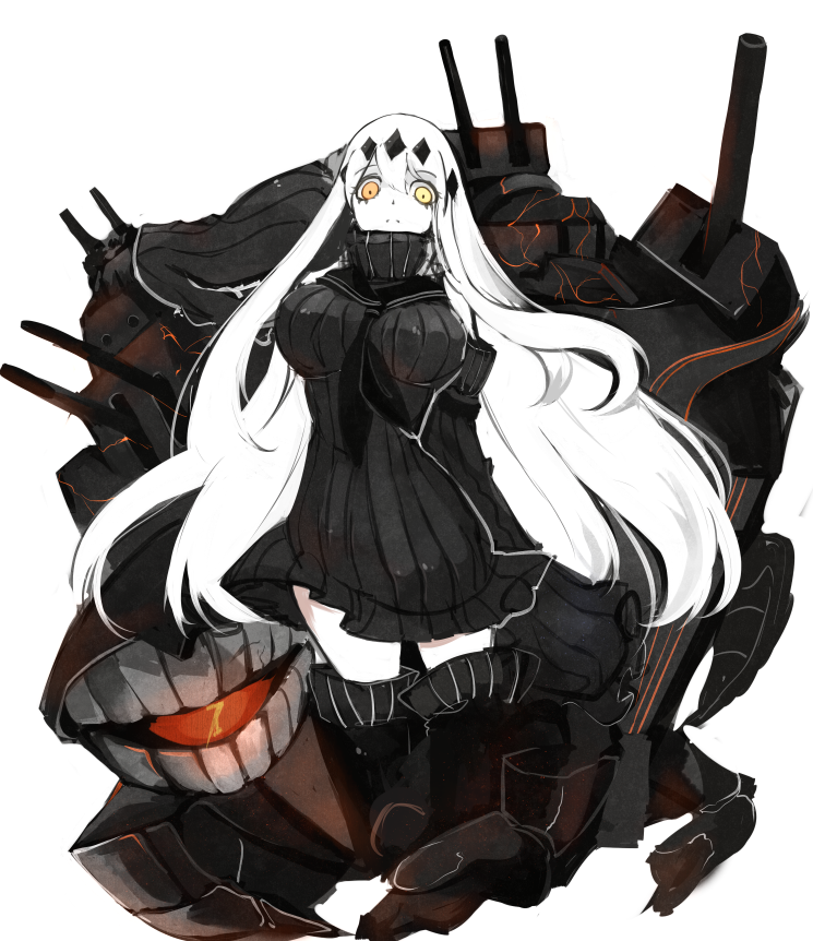 1girl aircraft_carrier_water_oni bare_shoulders berver breasts detached_sleeves diamond_(symbol) dress heterochromia kantai_collection long_hair looking_at_viewer machinery orange_eyes ribbed_dress shinkaisei-kan short_dress simple_background solo white_background white_hair yellow_eyes