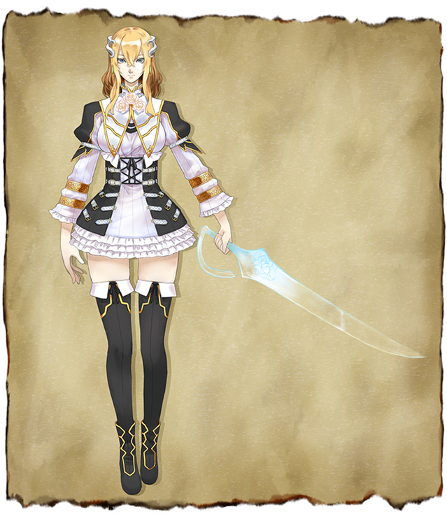1girl alternate_costume alternate_hair_color alternate_headwear alternate_legwear alternate_weapon blonde_hair bloodstained:_ritual_of_the_night blue_eyes concept_art dress frilled_dress frills miriam_(bloodstained) natsume_yuji official_art standing sword thigh-highs weapon