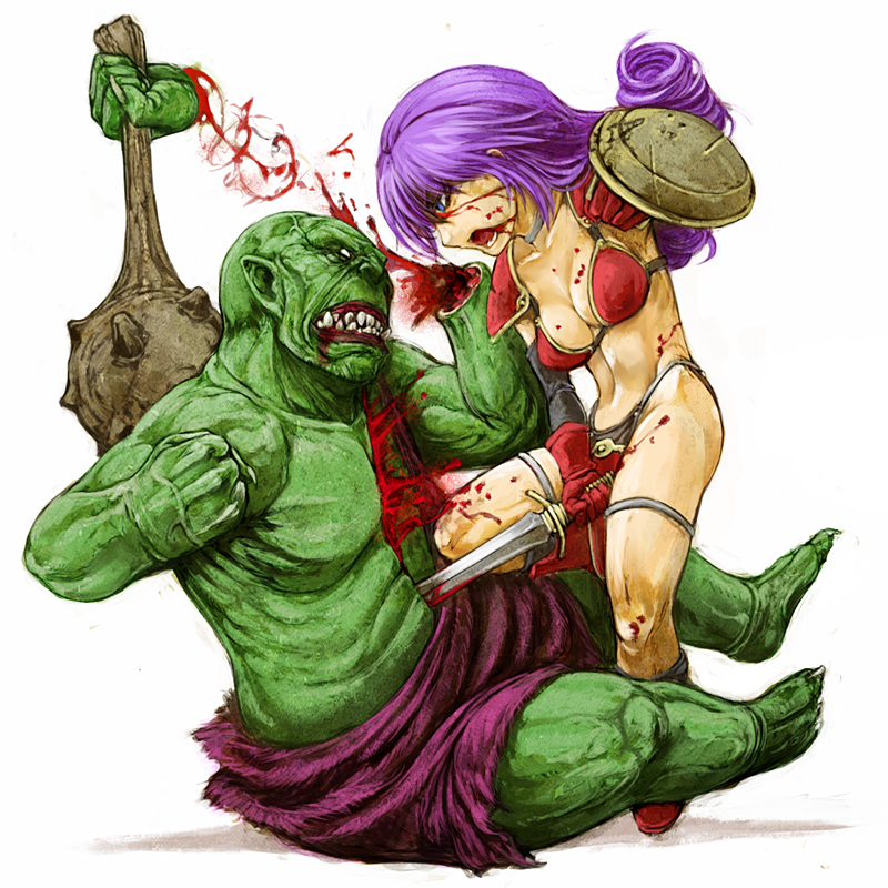 1boy 1girl armor bikini_armor blood blue_eyes breasts buckler cleavage clenched_hand club cutting dragon_quest dragon_quest_iii elbow_gloves gloves green_skin injury long_hair navel orc purple_hair severed_hand shield soldier_(dq3) sword weapon