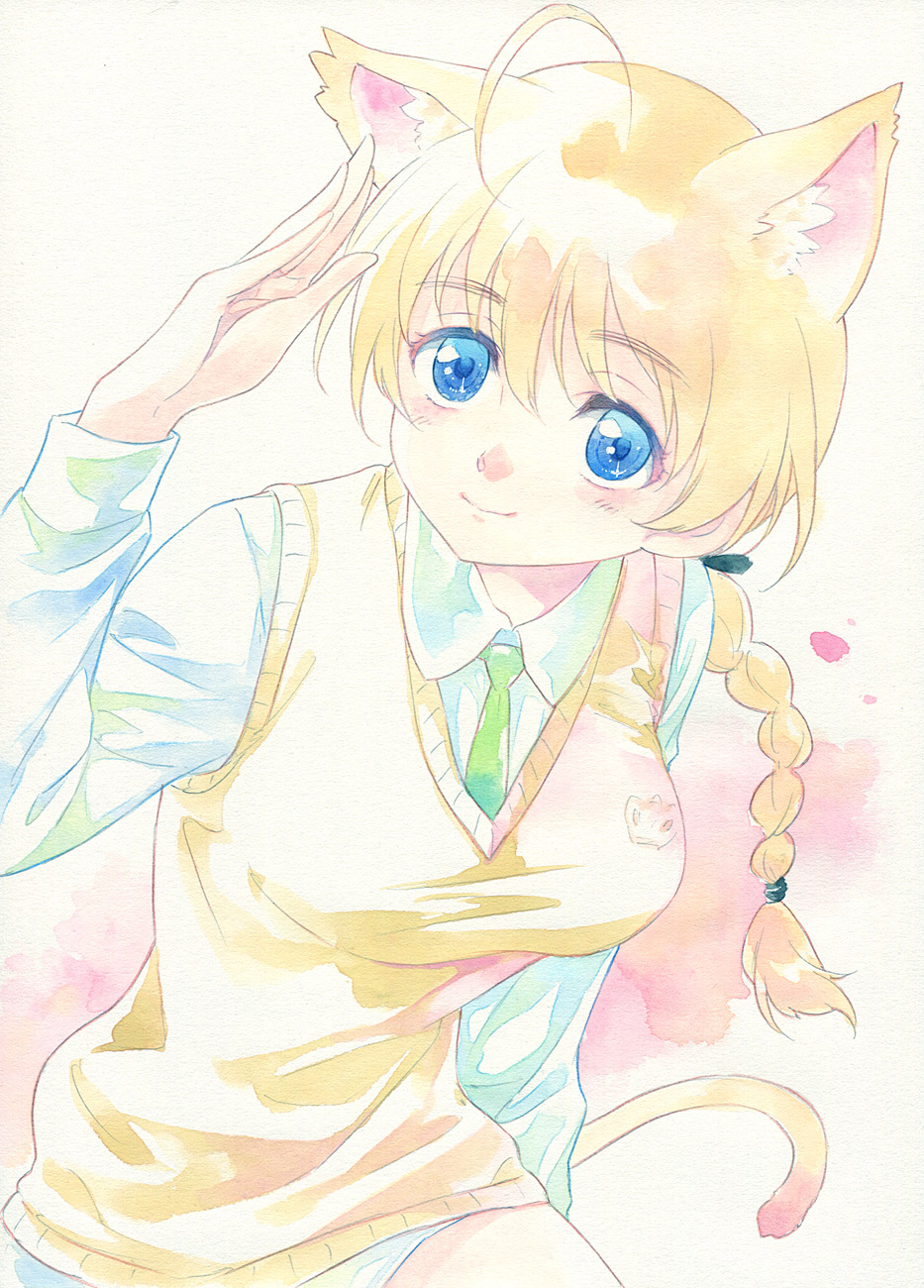 1girl agahari animal_ears arm_up blonde_hair blue_eyes blush braid from_above graphite_(medium) highres looking_up lynette_bishop necktie single_braid smile solo strike_witches sweater_vest traditional_media vest watercolor_(medium)