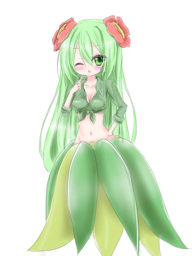 bellossom blush breasts cleavage flower front-tie_top green_eyes green_hair groin hair_flower hair_ornament hand_on_hip long_hair navel one_eye_closed personification pokemon shirt skirt very_long_hair