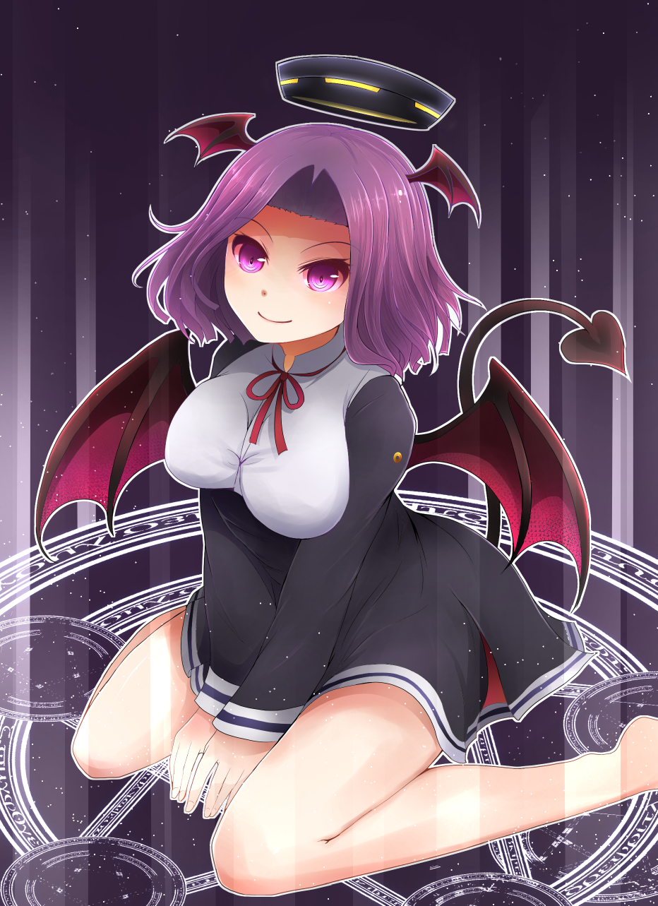 1girl arano_oki barefoot black_dress breasts commentary_request demon_girl demon_tail demon_wings dress halo head_wings highres kantai_collection large_breasts long_sleeves magic_circle purple_hair smile solo tail tatsuta_(kantai_collection) v_arms violet_eyes wings