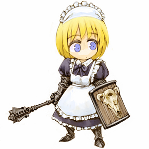 1girl armored_boots blonde_hair blue_eyes cervus lowres mace maid maid_headdress original shield skull weapon