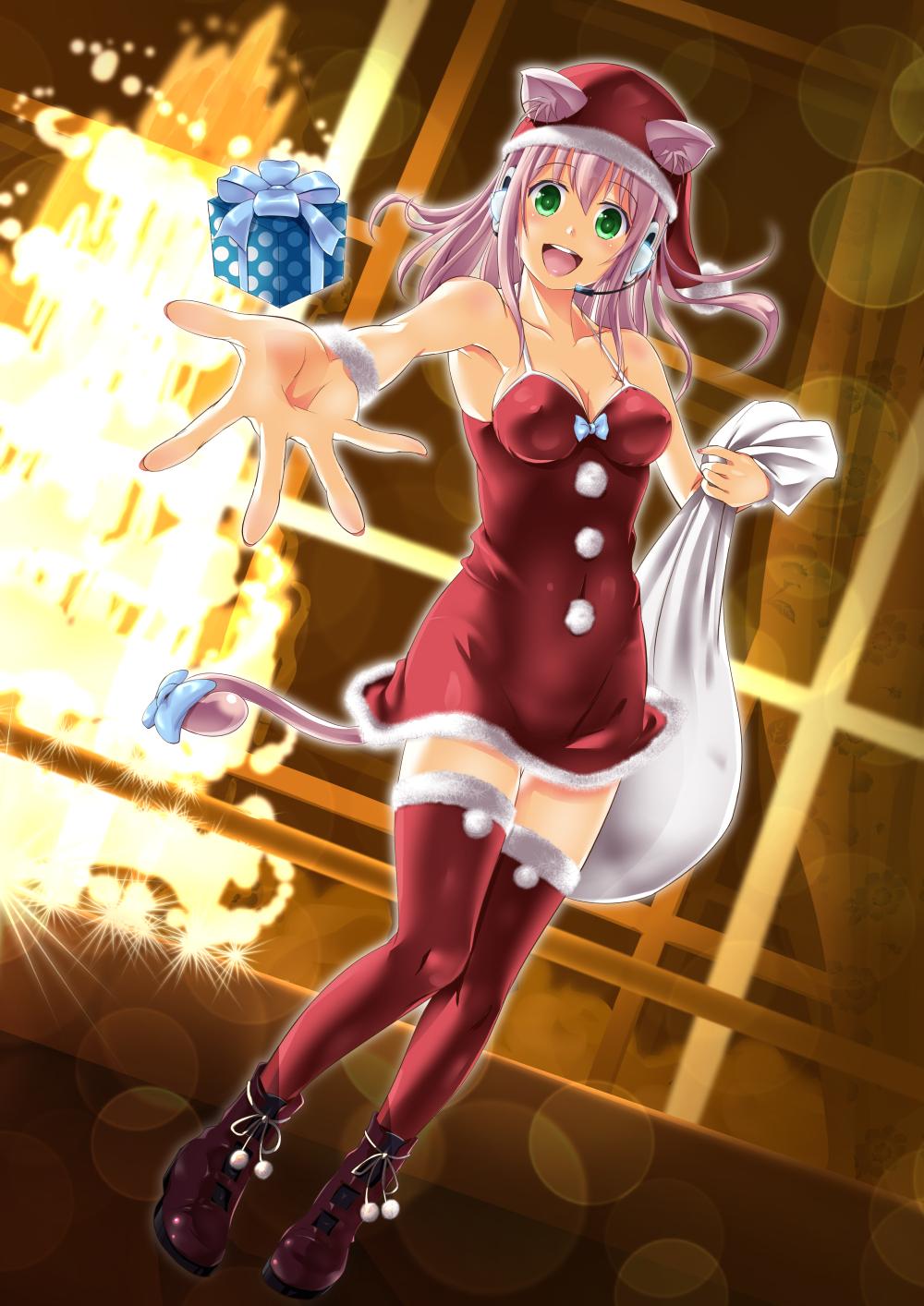 1girl animal_ears bag bare_shoulders blush breasts cat_ears cat_tail christmas ganari_ryuu gift green_eyes hat headphones headset highres large_breasts long_hair looking_at_viewer open_mouth original pink_hair santa_hat smile solo super_tama_musume tail tamatoys thigh-highs twintails