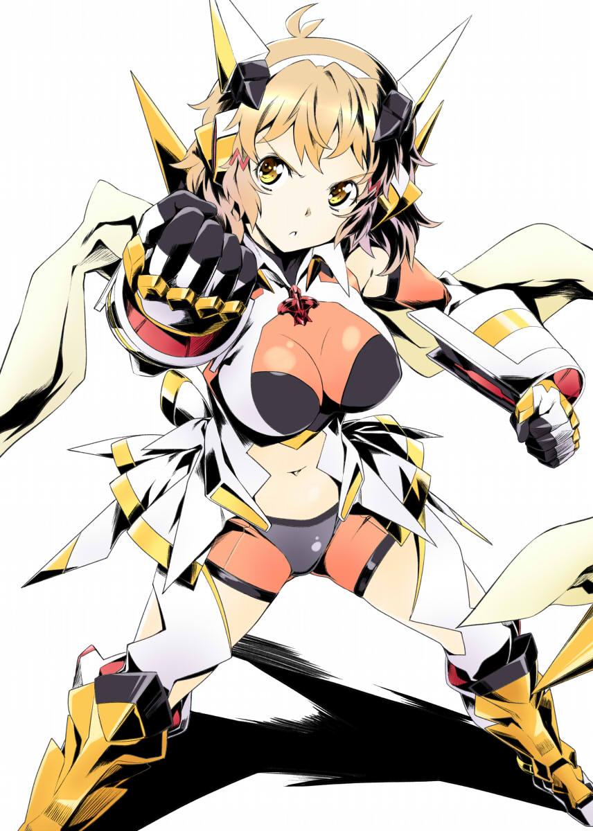 1girl armor bike_shorts bodysuit breasts brown_hair clenched_hands gauntlets hair_ornament highres large_breasts mecha_musume nagayori navel_cutout orange_eyes scarf senki_zesshou_symphogear short_hair simple_background solo tachibana_hibiki_(symphogear)