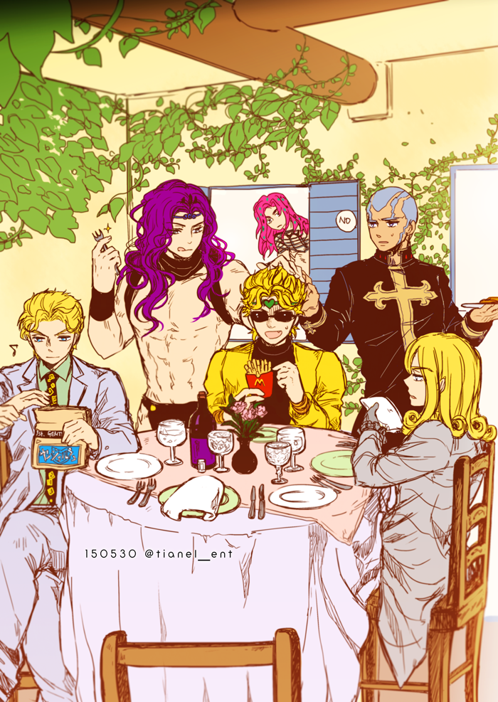 artist_name bag blonde_hair blue_eyes diavolo dio_brando drinking_glass enrico_pucci fork formal french_fries funny_valentine gloves grey_hair headband ivy jojo_no_kimyou_na_bouken kars_(jojo) kira_yoshikage knife mcdonald's musical_note napkin necktie paper_bag pink_hair plant plate purple_hair scarf severed_hand sparkle speech_bubble suit sunglasses tianel_ent tongue tongue_out wine_bottle wristband