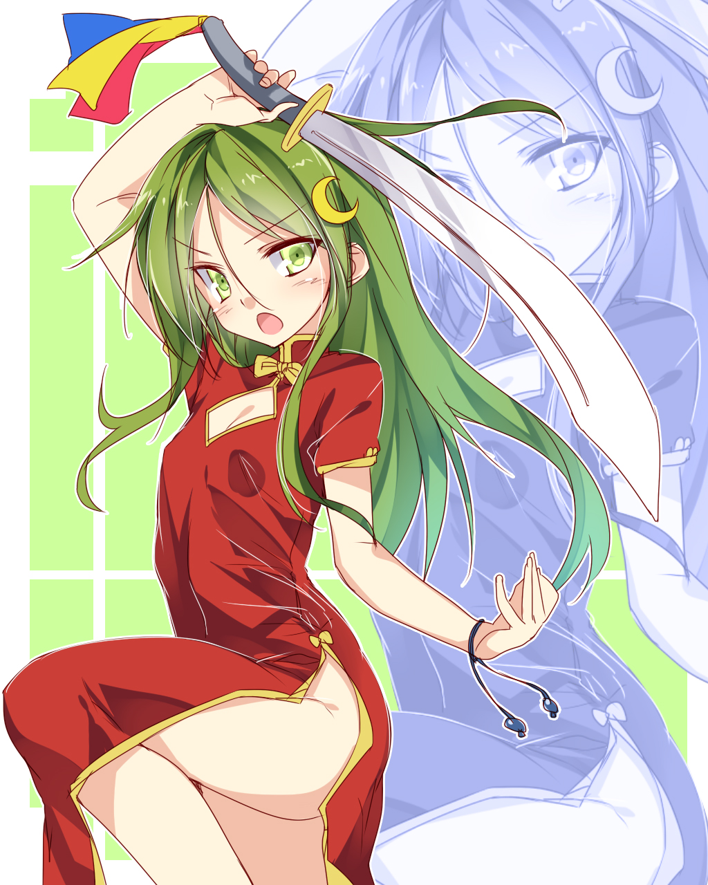 1girl alternate_costume bare_shoulders china_dress chinese_clothes cleavage_cutout crescent_hair_ornament dress green_eyes green_hair hair_ornament highres holding_weapon kantai_collection long_hair mtu_(orewamuzituda) nagatsuki_(kantai_collection) no_panties open_mouth red_dress short_sleeves side_slit small_breasts standing_on_one_leg