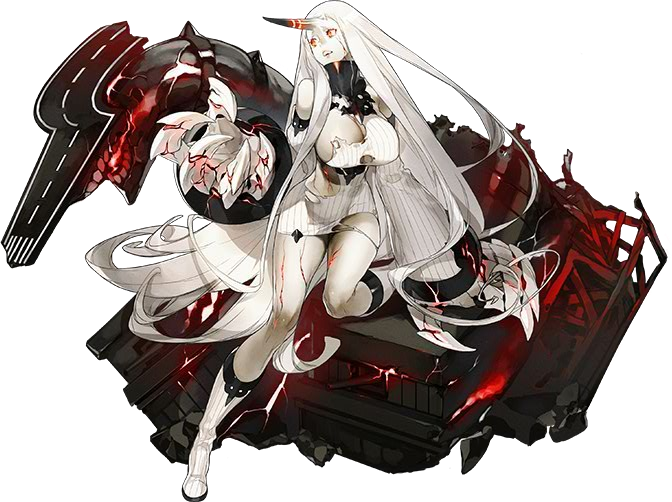 1girl akira_(kadokawa) claws detached_sleeves dress horn kantai_collection long_hair machinery official_art open_mouth seaport_hime shinkaisei-kan simple_background solo torn_clothes transparent_background white_dress white_hair white_skin