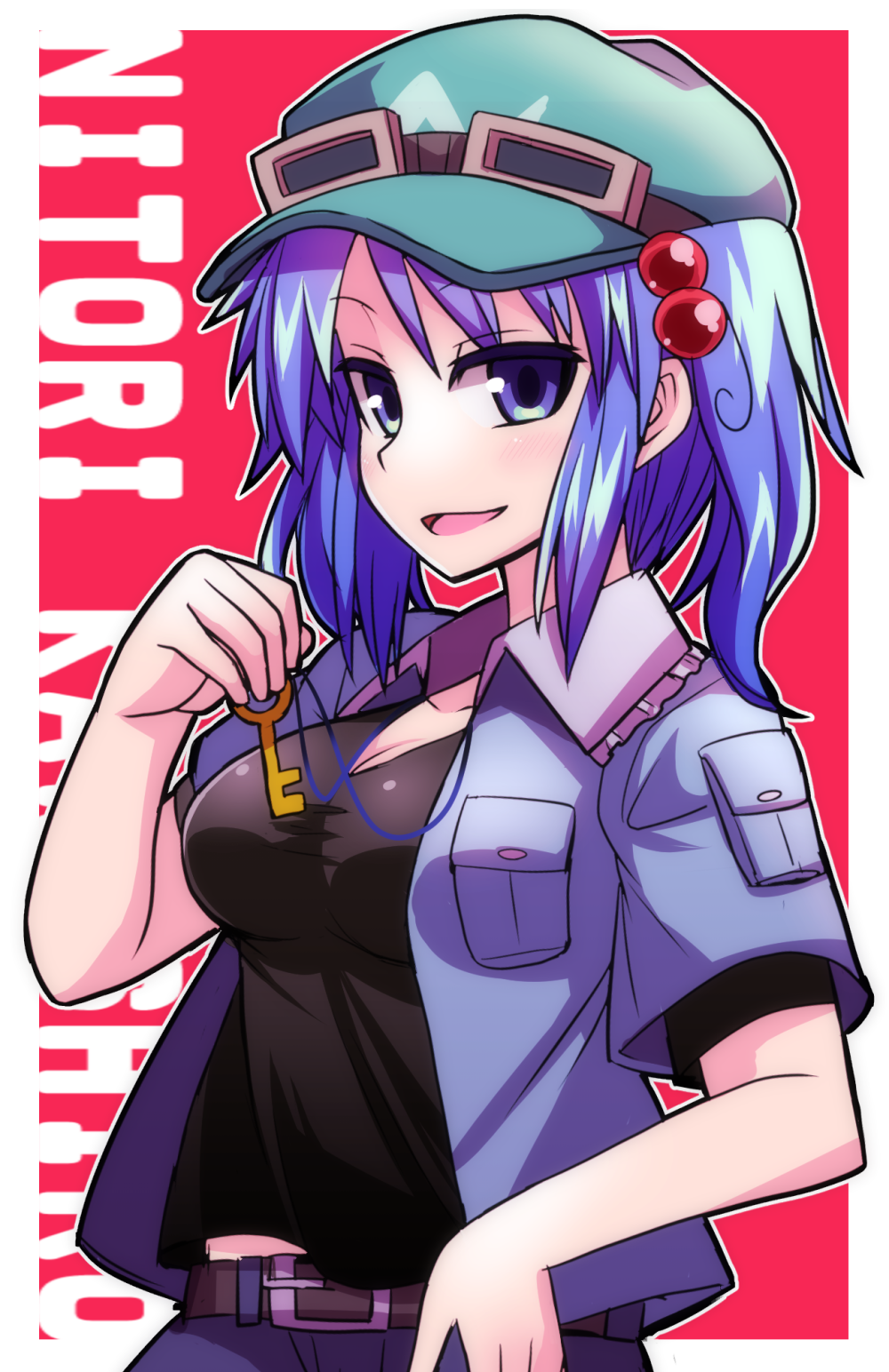 1girl :d belt black_shirt blue_eyes blush breasts cabbie_hat character_name cleavage denim frilled_shirt_collar goggles goggles_on_hat hair_bobbles hair_ornament hat highres jacket jeans kawashiro_nitori key key_necklace open_clothes open_jacket open_mouth pants shirt short_sleeves smile solo tanakara touhou tsurime two_side_up