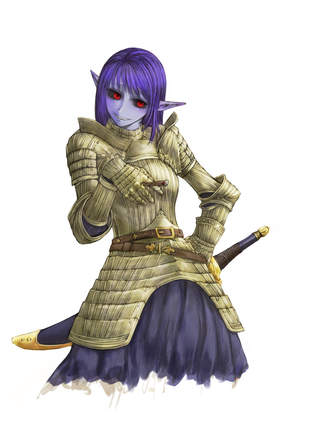 1girl armor armored_dress blue_skin cervus dress gauntlets highres long_hair original pointy_ears purple_hair red_eyes sword weapon