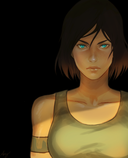 1girl alternate_hair_length alternate_hairstyle armband avatar:_the_last_airbender black_background blue_eyes breasts brown_hair collarbone dark_skin eyebrows hair_between_eyes korra ladyilena legend_of_korra lips nose solo tank_top work_in_progress