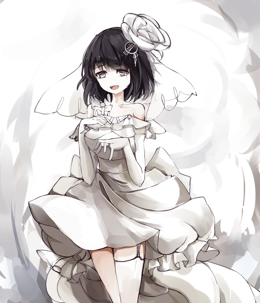 1girl bare_shoulders berver black_hair brown_eyes commentary_request dress elbow_gloves flower garter_straps gloves haguro_(kantai_collection) hair_ornament hands_on_own_chest kantai_collection monochrome rose single_thighhigh smile solo tears thigh-highs veil wedding_dress white white_background white_legwear