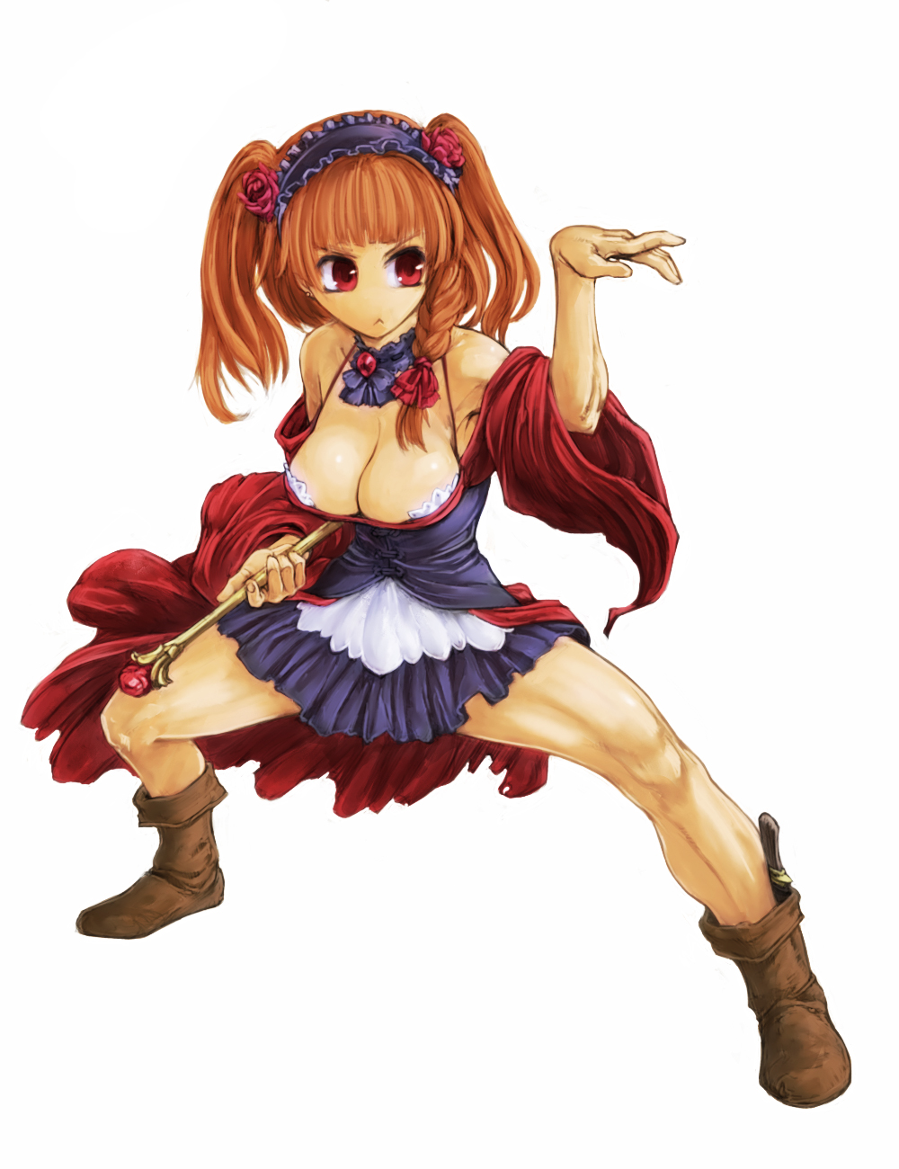 1girl boots braid breasts cervus choker cleavage hairband highres knife orange_hair original red_eyes rod skirt stance twintails