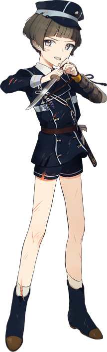 1boy bob_cut boots brown_eyes brown_hair clenched_teeth full_body hat hirano_toushirou injury male_focus military military_uniform official_art peaked_cap sheath short_hair shorts simple_background solo standing tantou toinana torn_clothes touken_ranbu uniform