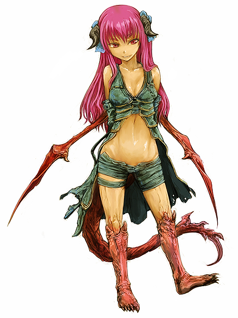 1girl cervus demon_girl horns long_hair midriff original pink_eyes pink_hair solo tail
