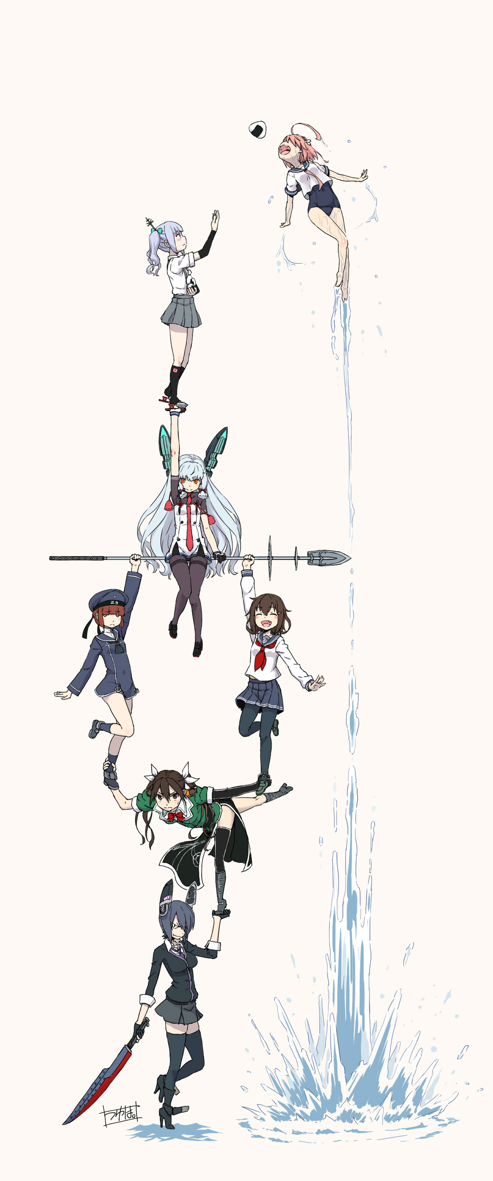 balancing food highres i-58_(kantai_collection) ikazuchi_(kantai_collection) jumping kantai_collection kasumi_(kantai_collection) lifting minazuki_tsuyuha murakumo_(kantai_collection) onigiri staff standing_on_one_leg sword tenryuu tone_(kantai_collection) tossing water weapon z3_max_schultz_(kantai_collection)